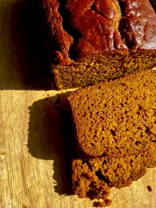 Moist pumpkin bread. Lower in sugar and fat than the standard recipe.