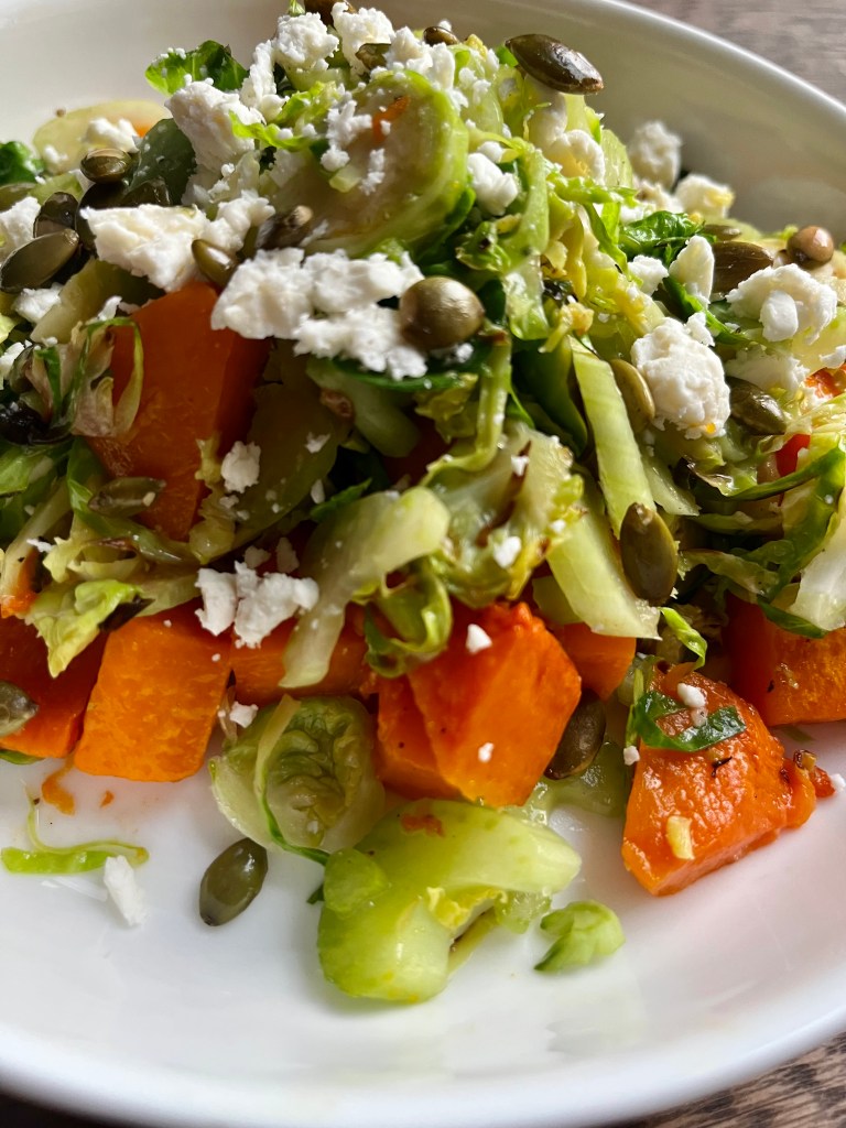 Butternut Squash and Brussel Sprout Salad. Gluten free healthy side dish option for the holidays.